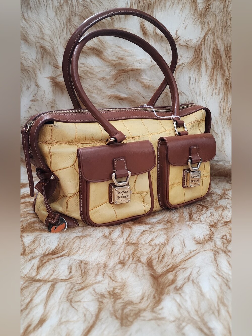Dooney & Bourke Yellow Croc-Embossed Leather Satchel with Brown Trim